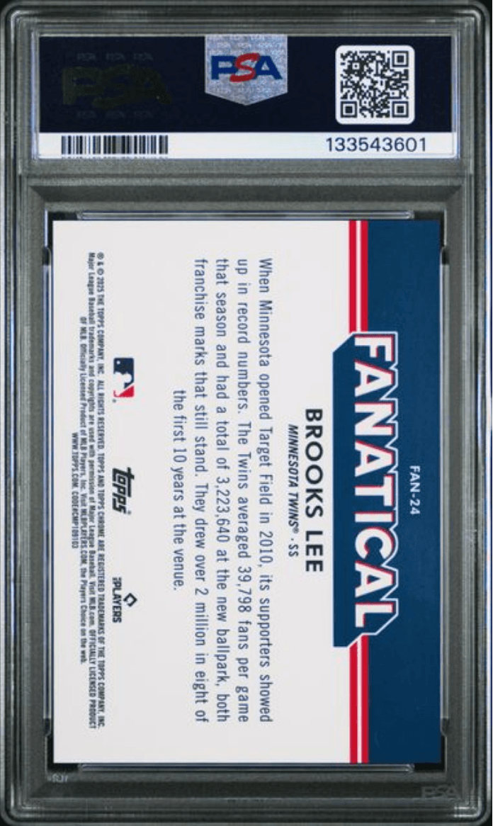 Graded 2025 Topps Chrome Brooks Lee #FAN24 Fanatical Rookie RC Baseball Card PSA 10 Gem Mint