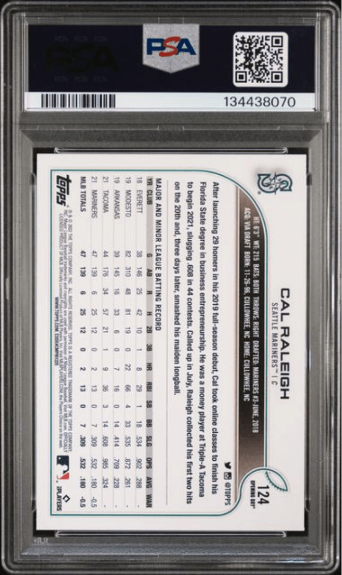 Graded 2022 Topps Opening Day Cal Raleigh #124 Rookie RC Baseball Card PSA 10 Gem Mint
