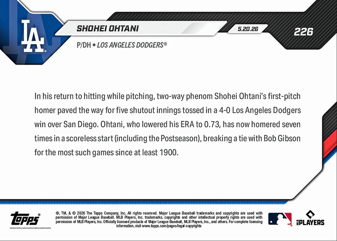 2026 Topps Now Shohei Ohtani #226 1st Pitch Home Run Sets Tone for 5 Shutout IP & Victory Los Angeles Dodgers Baseball Card