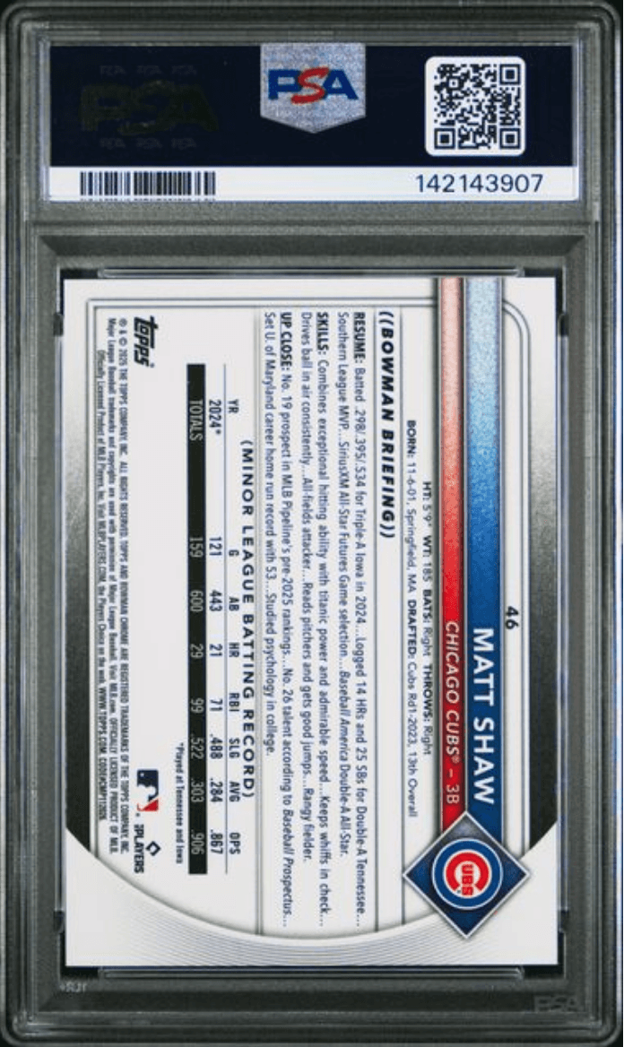 Graded 2025 Topps Bowman Chrome Matt Shaw #46 Green Wave /99 Rookie RC Baseball Card PSA 10 Gem Mint