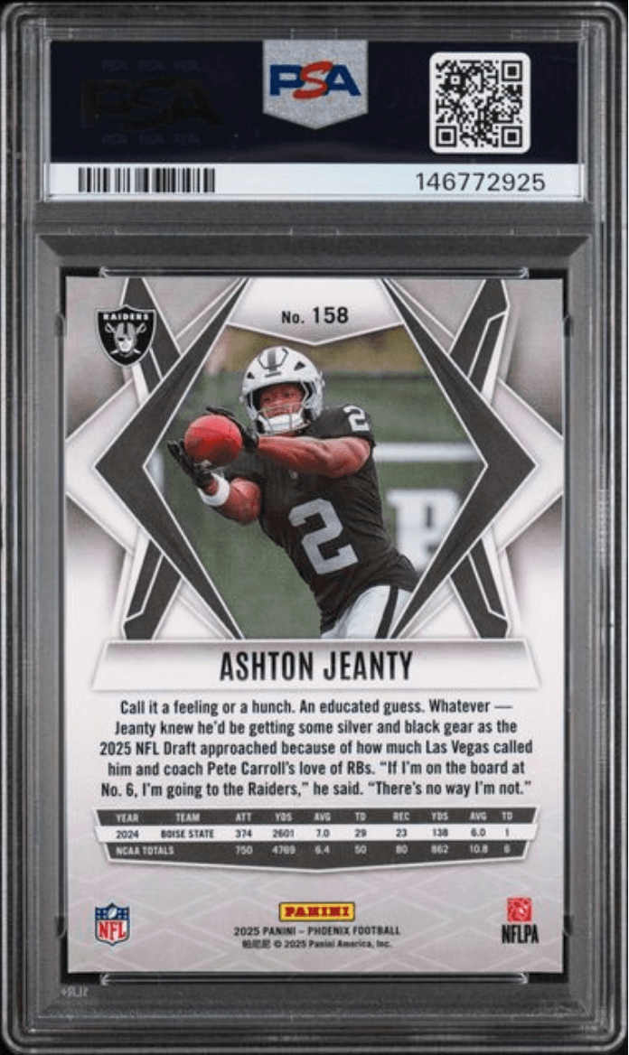 Graded 2025 Panini Phoenix Ashton Jeanty #158 Silver Pyramids Rookie RC Football Card PSA 10 Gem Mint