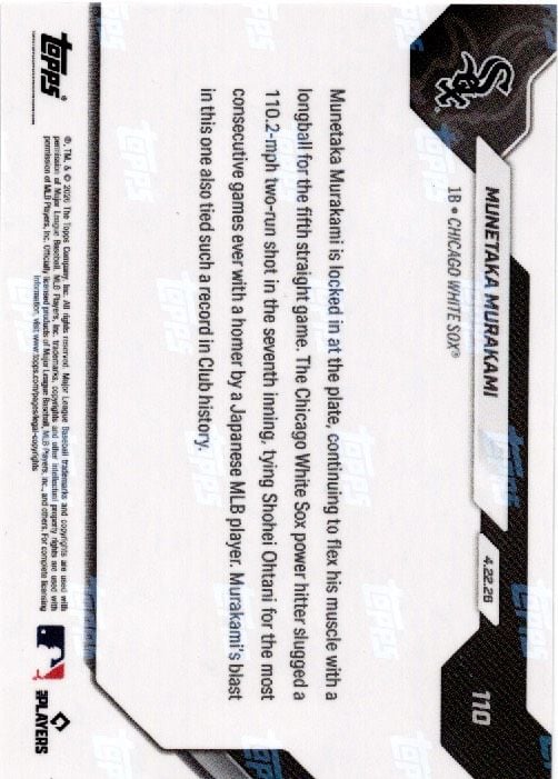 2026 Topps Now Munetaka Murakami #110 Black Foil /10 5th Straight Game with Home Run Ties Ohtanis Mark Chicago White Sox Rookie RC Redemption Baseball Card