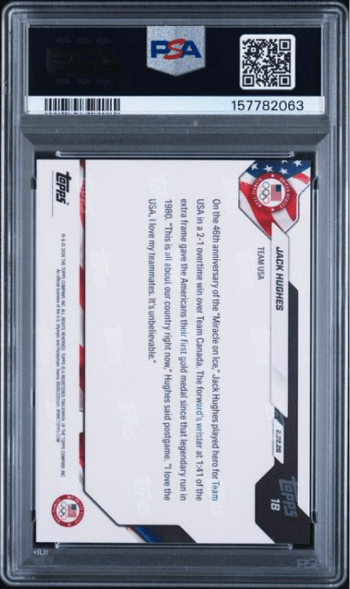 Graded 2026 Topps Now Olympics Jack Hughes #18 Team USA Hockey Card PSA 9 Mint
