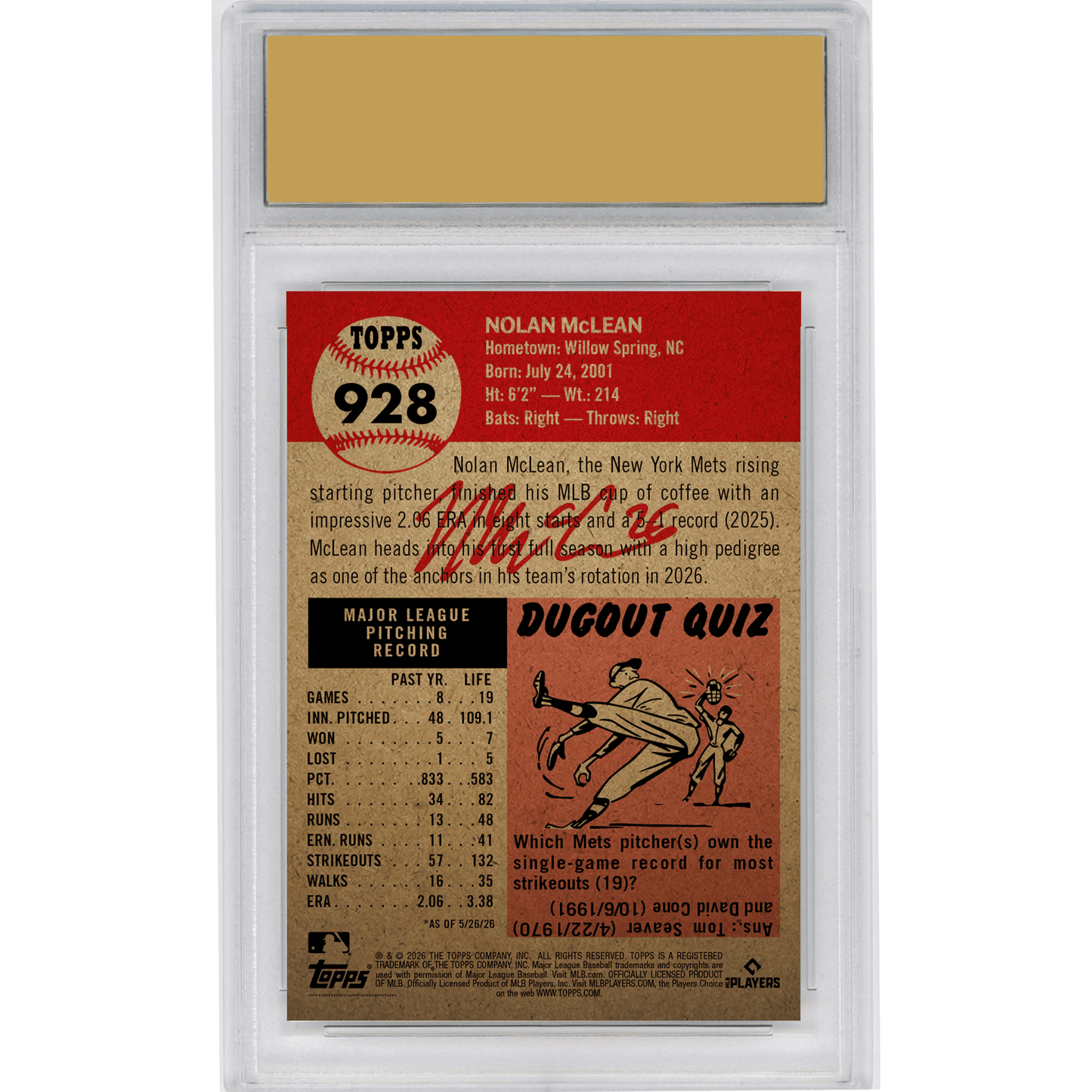Graded 2026 Topps Living Nolan McLean #928 New York Mets Rookie RC Baseball Card HOFSM 10 Gem Mint
