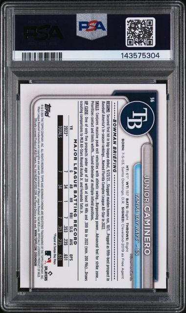 Graded 2024 Topps Bowman Chrome Mega Box Junior Caminero #56 Rookie RC Baseball Card PSA 10 Gem Mint