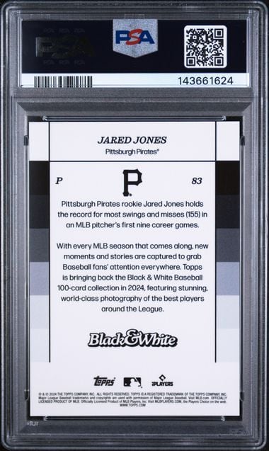 Graded 2024 Topps Black & White Jared Jones #83 /75 Yellow Rookie RC Baseball Card PSA 10 Gem Mint