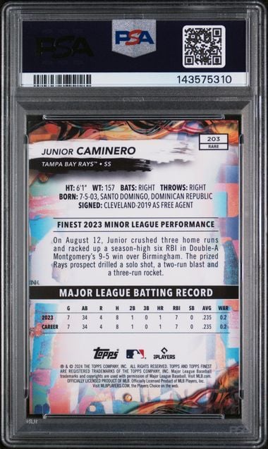Graded 2024 Topps Finest Junior Caminero #203 Rookie RC Baseball Card PSA 10 Gem Mint
