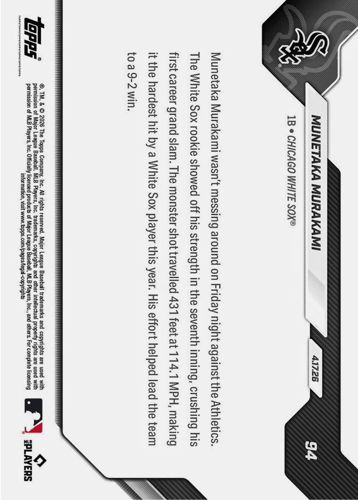 2026 Topps Now Munetaka Murakami #94 Gold Foil /50 Smashes 1st Career Grand Slam 114.1 MPH Chicago White Sox Rookie RC Baseball Card