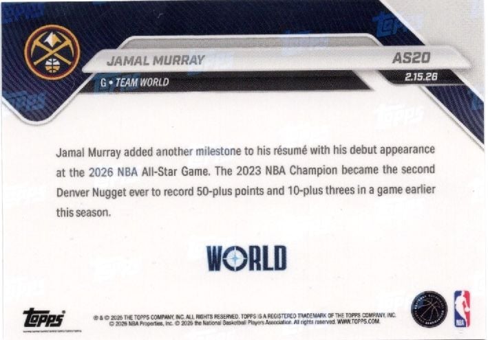 2025 Topps Now Jamal Murray #AS20 2026 NBA All Star 1st Selection Denver Nuggets Basketball Card