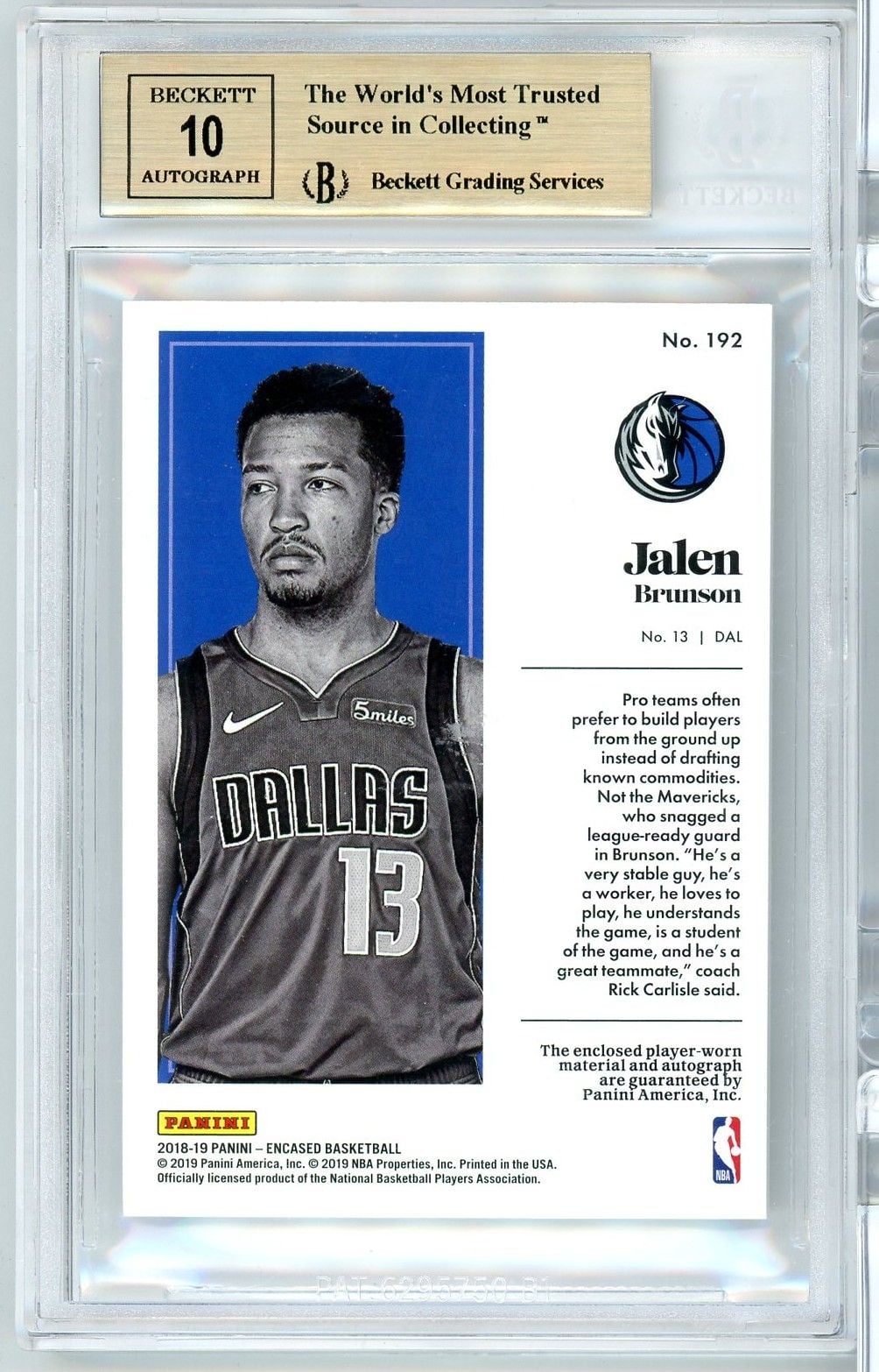 Graded 2018 Panini Encased Jalen Brunson #192 /10 Gold Player Worn RPA Rookie RC Basketball Card BGS 9.5 Auto 10 Gem Mint
