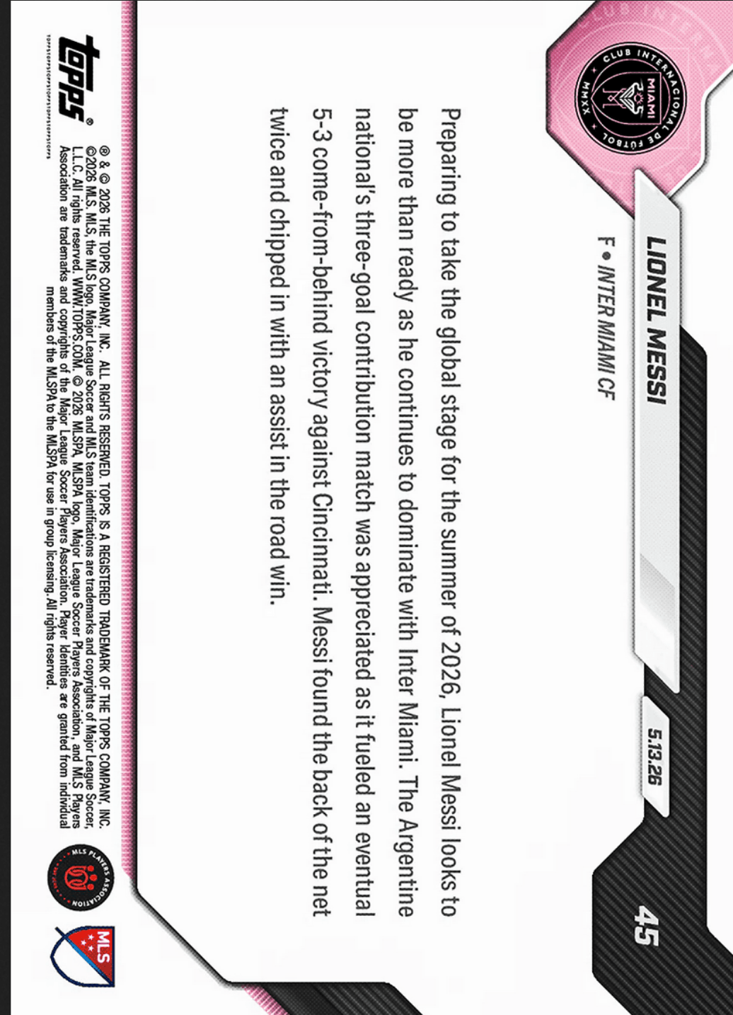 2026 Topps Now Lionel Messi #45 Orange Foil /25 3 Goal Contribution Match Powers Comeback Win Inter Miami Soccer Card