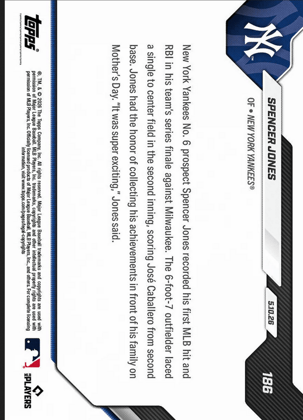 2026 Topps Now Spencer Jones #186 Orange Foil /25 Yankees Number 6 Prospect Logs 1st MLB Hit and RBI New York Yankees Rookie RC Baseball Card