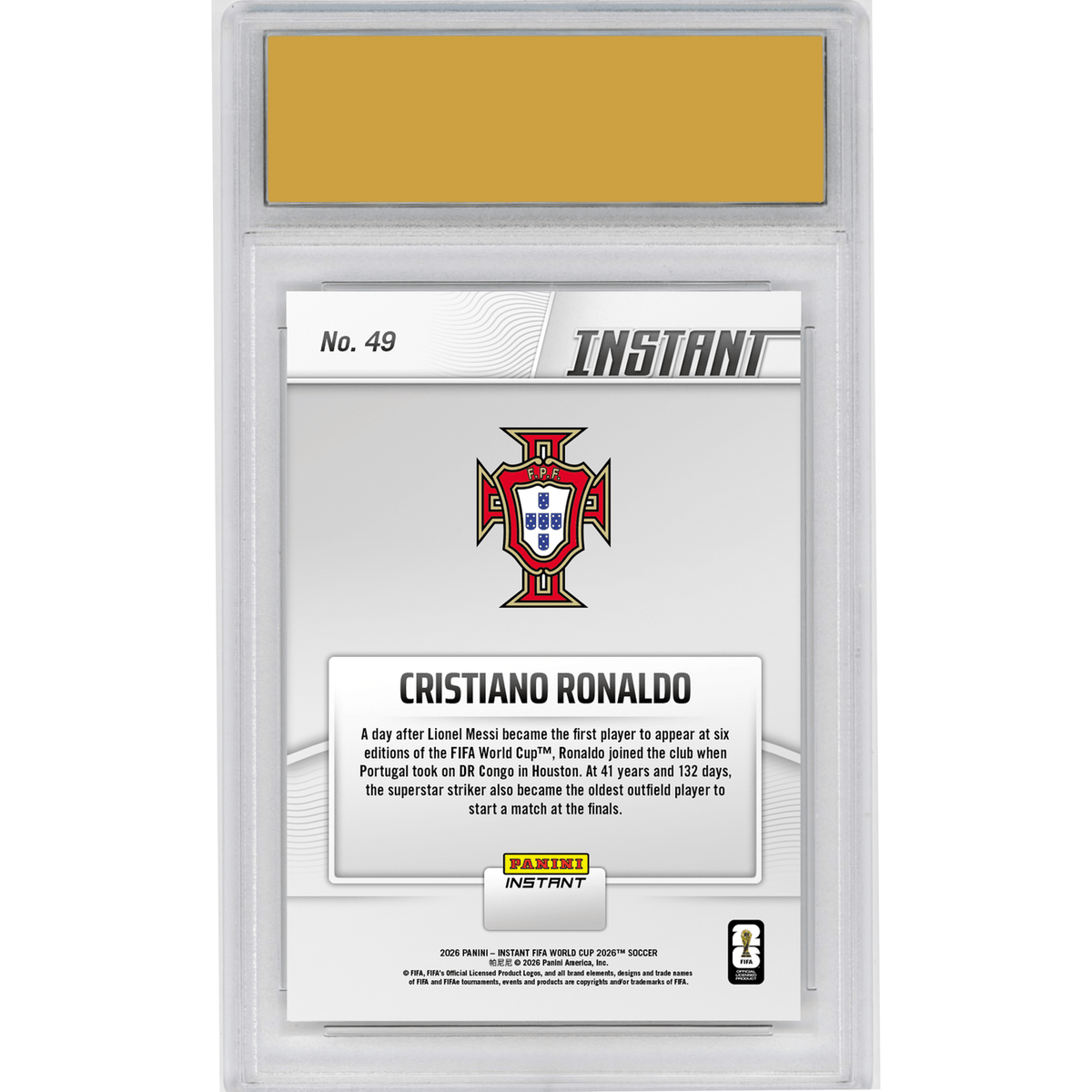 Graded 2026 Panini Instant FIFA World Cup Cristiano Ronaldo #49 Record Setting Ronaldo Back for More Portugal Soccer Card HOFSM 10 Gem Mint