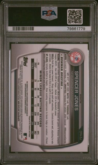 Graded 2023 Bowman Chrome Spencer Jones #CPASJ /499 Chrome Prospects Auto Refractor 1st Bowman Rookie RC Baseball Card PSA 10 Gem Mint