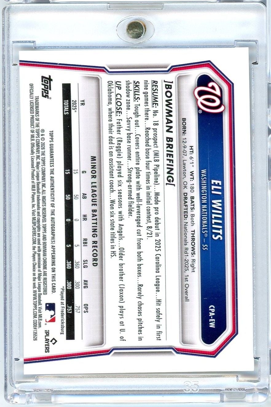 2026 Topps Bowman Chrome Eli Willits #CPAEW Auto Rookie RC Baseball Card