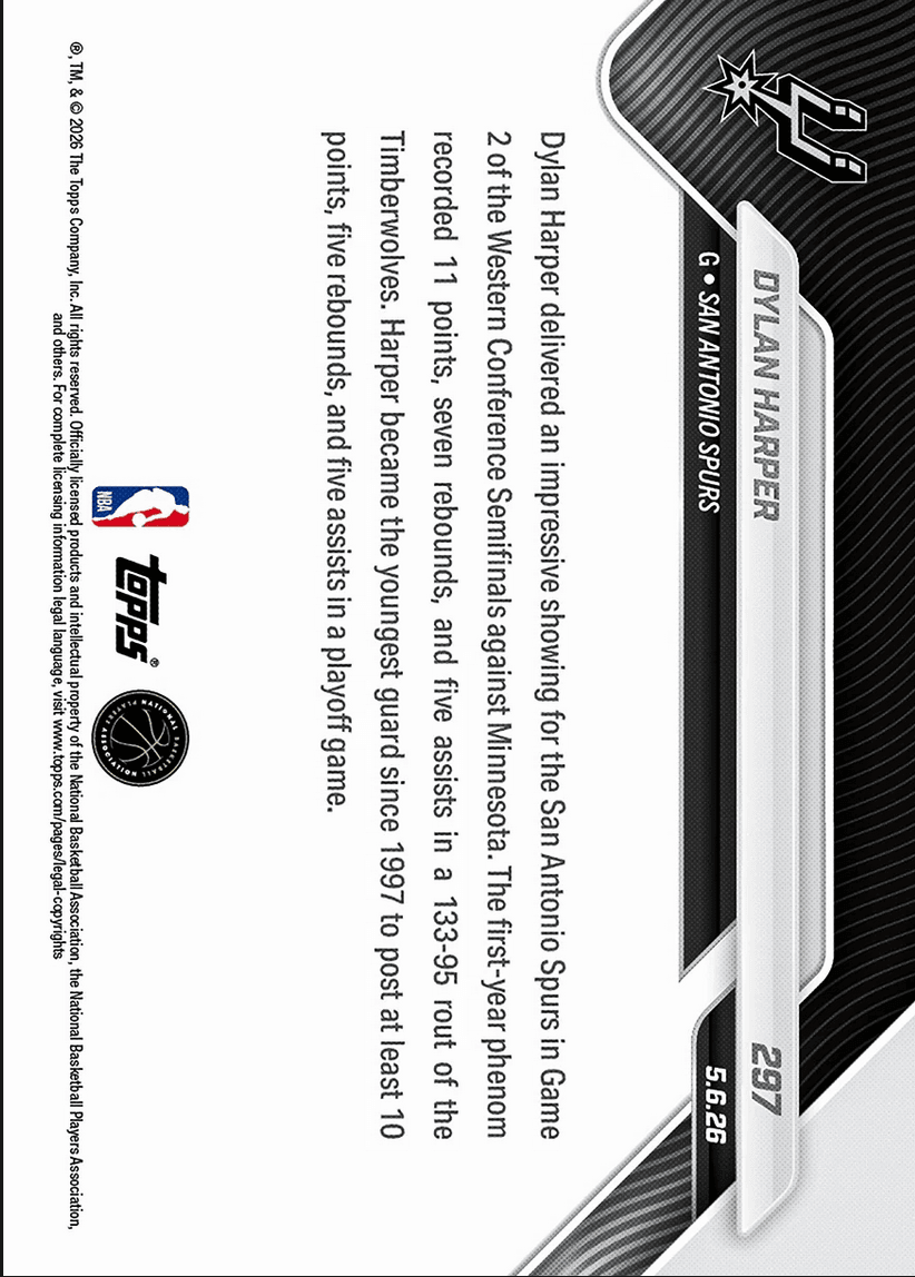 2025 Topps Now Dylan Harper #297 Rookie Shines in 38 Point Triumph As Spurs Even Series San Antonio Spurs Rookie RC Basketball Card