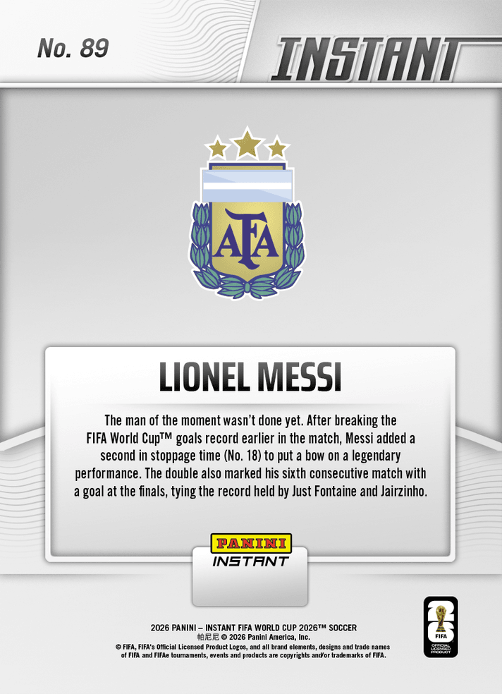 2026 Panini Instant FIFA World Cup Lionel Messi #89 Messi On Top of The World with Historic Double Argentina Soccer Card