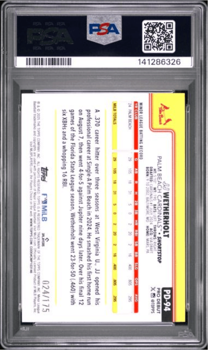 Graded 2025 Topps Pro Debiut JJ Wetherholt #94 Sparkle Foil /175 Rookie RC Baseball Card PSA 10 Gem Mint