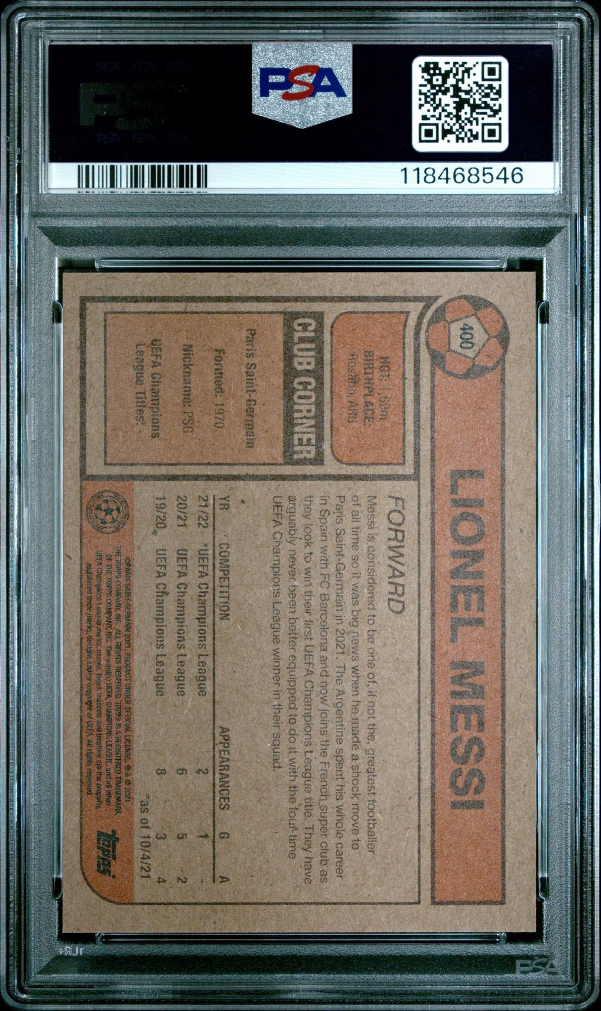 Graded 2021 Topps Living UCL Lionel Messi #33 UEFA Champions League Soccer Card PSA 10 Gem Mint