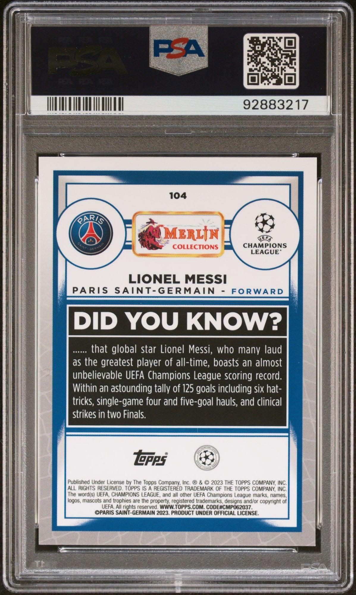 Graded 2022 Topps Merlin Chrome UCC Lionel Messi #104 UEFA Club Competitions Soccer Card PSA 10 Gem Mint