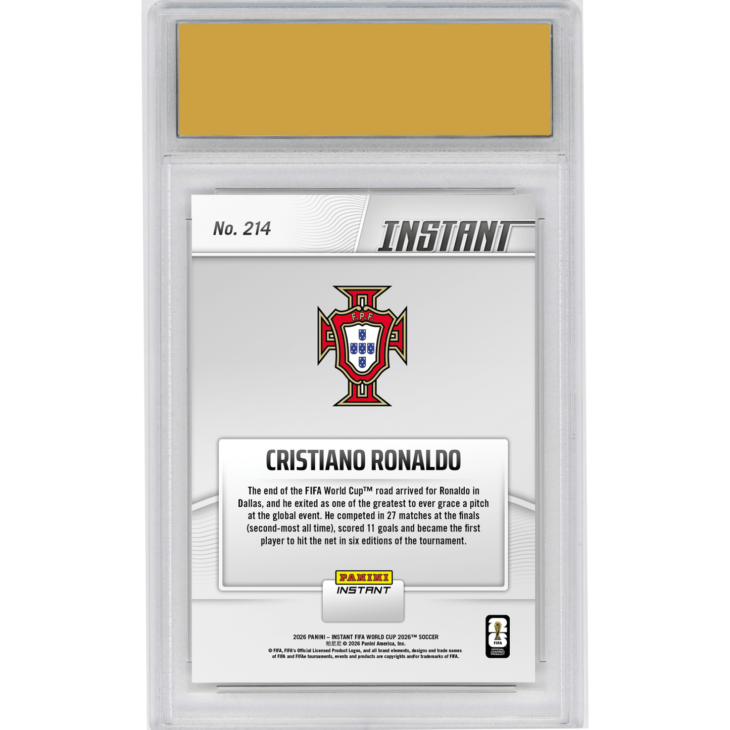 Graded 2026 Panini Instant FIFA World Cup Cristiano Ronaldo #214 CR7 Says Farewell to FIFA World Cup Portugal Soccer Card HOFSM 10 Gem Mint