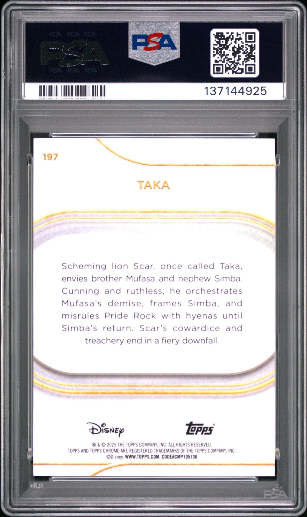 Graded 2025 Topps Chrome Disney Taka #197 #/99 Green Refractor The Lion King Live Action Rookie RC Debut Card PSA 10 Gem Mint