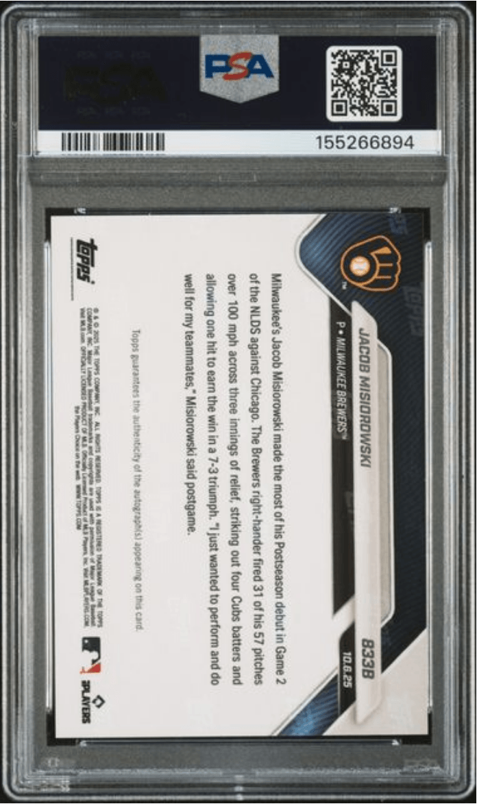 Graded 2025 Topps Now Jacob Misiorowski #833B Auto Red Foil /5 Rookie RC Baseball Card Authentic Auto PSA 10