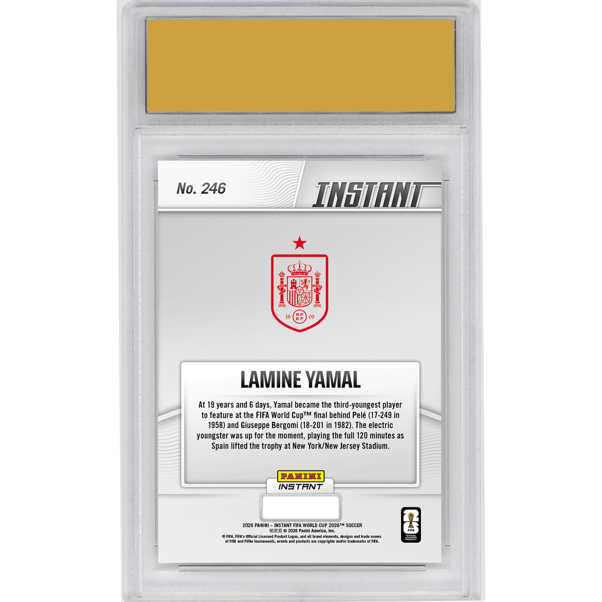 Graded 2026 Panini Instant FIFA World Cup Lamine Yamal #246 Shiny Youngster Helps Spain Earn Second Star Spain Soccer Card HOFSM 10 Gem Mint