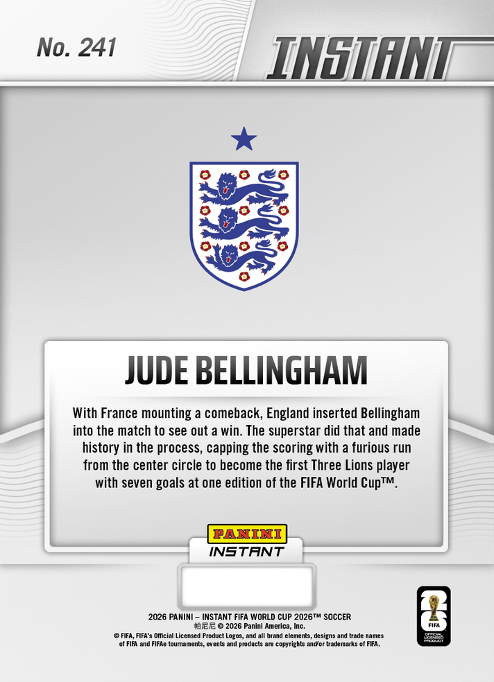 2026 Panini Instant FIFA World Cup Jude Bellingham #241 Superstar Snaps Up Seventh in Third Place Match England Soccer Card