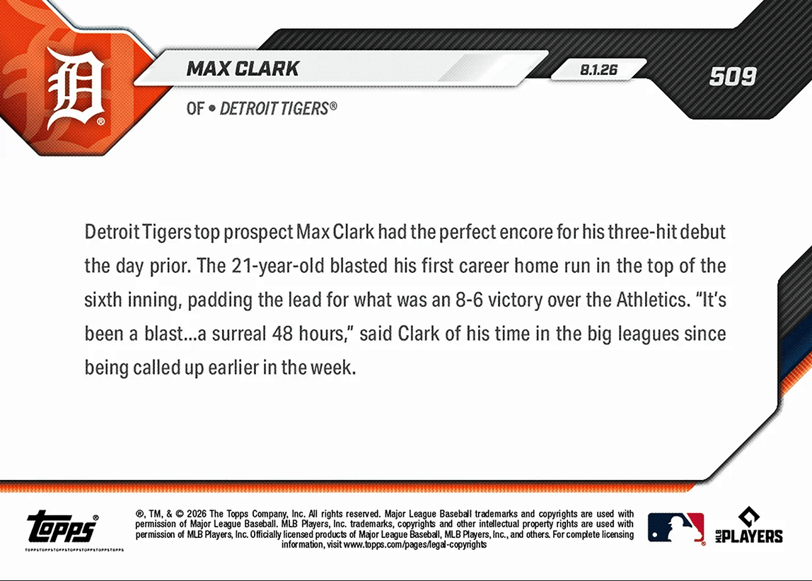2026 Topps Now Max Clark #509 First Career MLB Home Run Comes in Road Victory Detroit Tigers Rookie RC Baseball Card