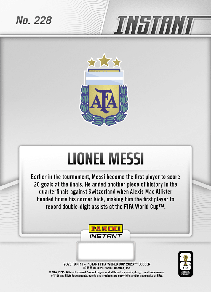 2026 Panini Instant FIFA World Cup Lionel Messi #228 Premier Playmaker Delivers More History Argentina Soccer Card