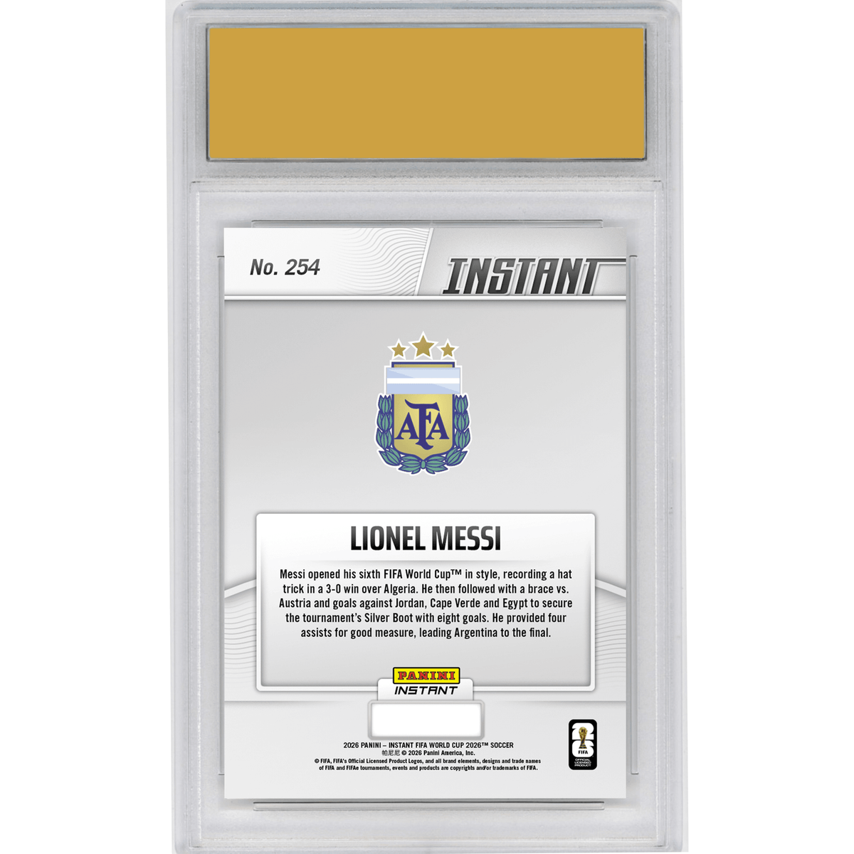 Graded 2026 Panini Instant FIFA World Cup Lionel Messi #254 Silver Boot Winner Argentina Soccer Card HOFSM 10 Gem Mint