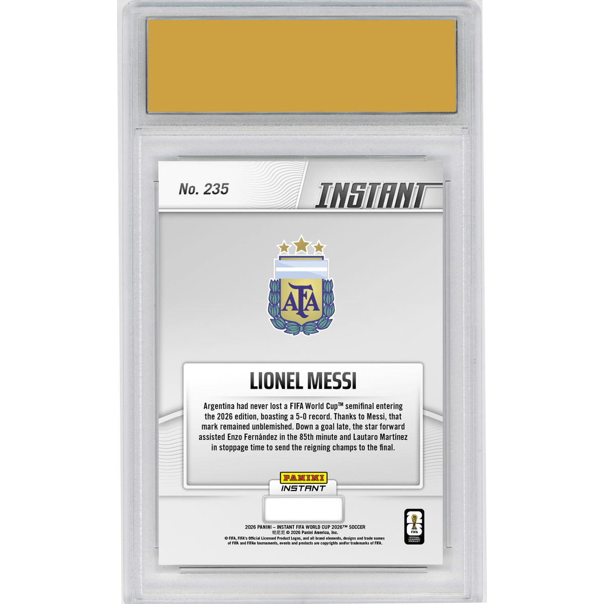 Graded 2026 Panini Instant FIFA World Cup Lionel Messi #235 Messi Assists Trophy Holders' Trip Back to Final Argentina Soccer Card HOFSM 10 Gem Mint