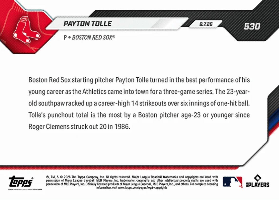 2026 Topps Now Payton Tolle #530 Most Ks by a Boston Hurler 23 or Younger Since '86 Boston Red Sox Rookie RC Baseball Card