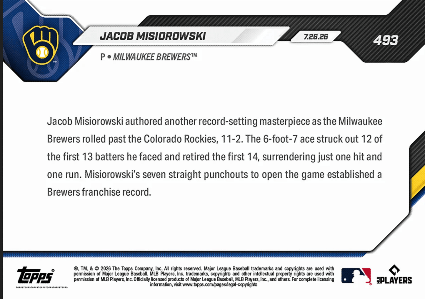 2026 Topps Now Jacob Misiorowski #493 Orange Foil /25 7 Straight Ks to Open Game Sets Brewers Record Milwaukee Brewers Rookie RC Baseball Card