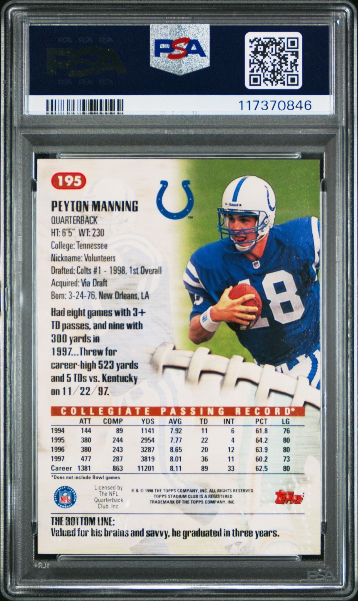 Graded 1998 Stadium Club Peyton Manning #195 Rookie RC Football Card PSA 10 Gem Mint