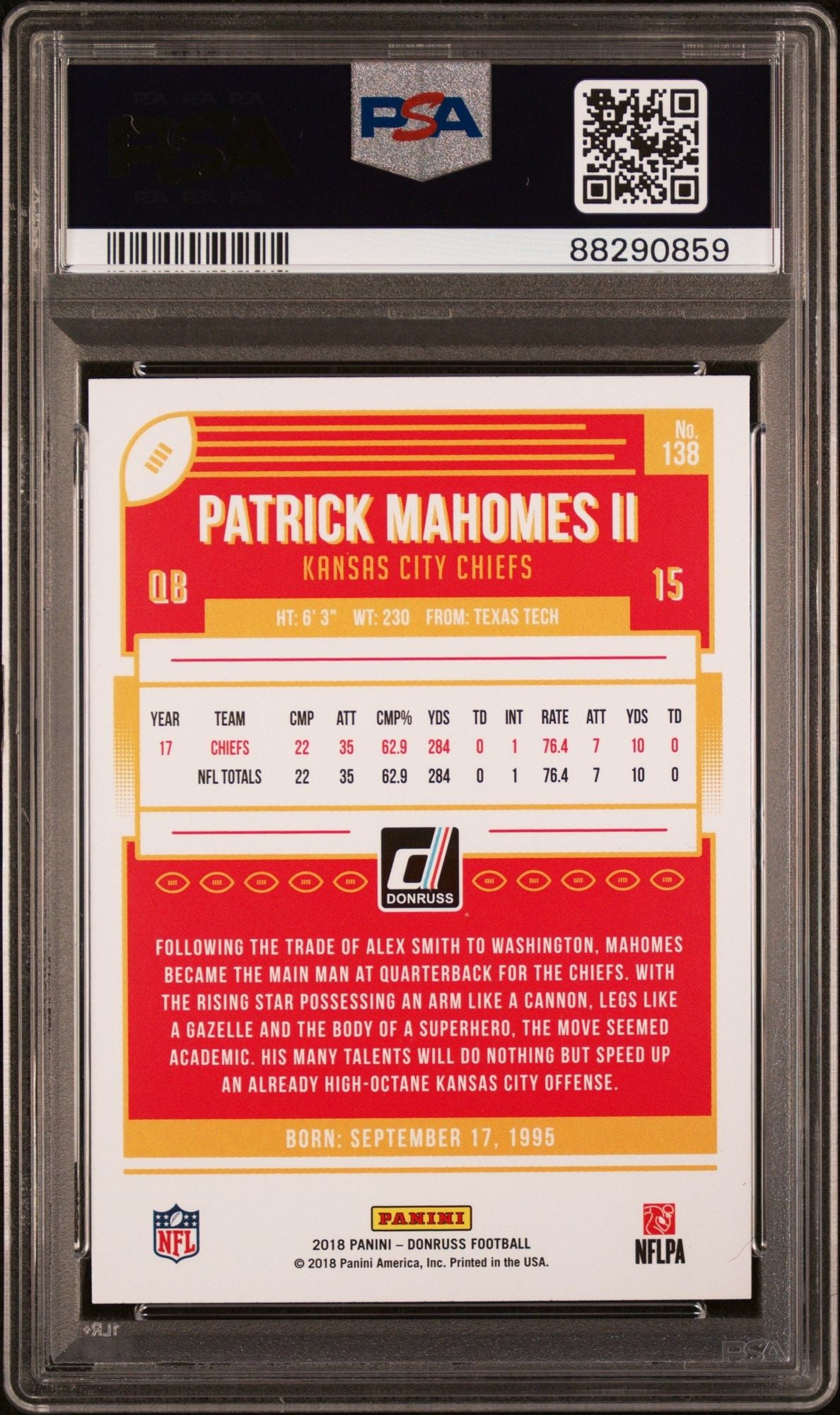 Graded 2018 Panini Donruss Patrick Mahomes II #138 2nd Year Football Card PSA 10 Gem Mint