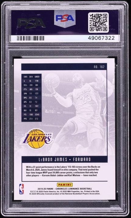 Graded 2019 Panini Chronicles LeBron James #162 Luminance Basketball Card PSA 10 Gem Mint