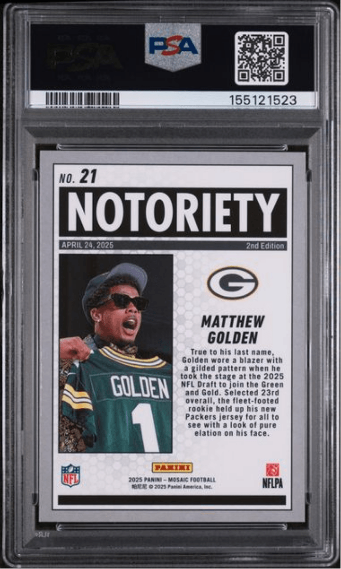 Graded 2025 Panini Mosaic Matthew Golden #21 Notoriety Mosaic Rookie RC Football Card PSA 10 Gem Mint