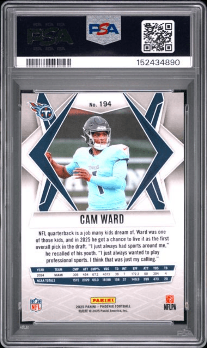 Graded 2025 Panini Phoenix Cam Ward #194 Silver Winter Rookie RC Football Card PSA 10 Gem Mint