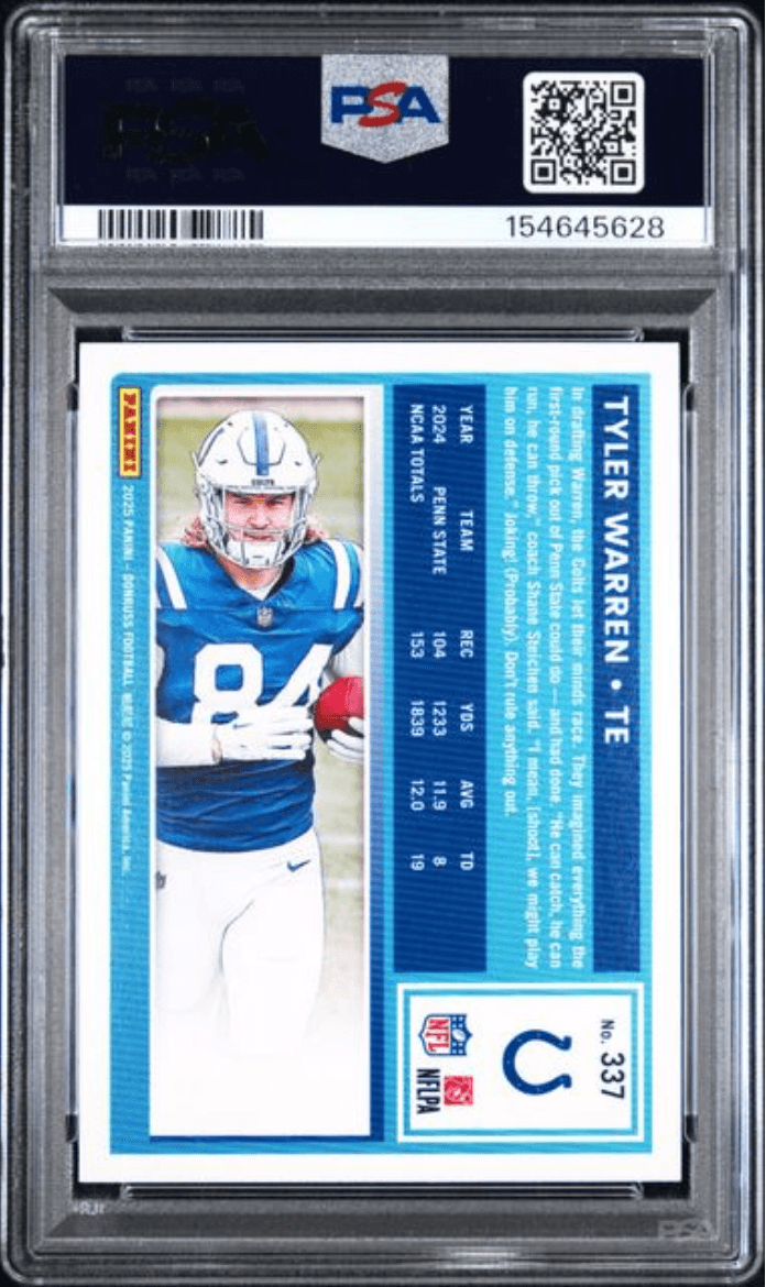 Graded 2025 Panini Donruss Tyler Warren #337 Rookie RC Football Card PSA 10 Gem Mint