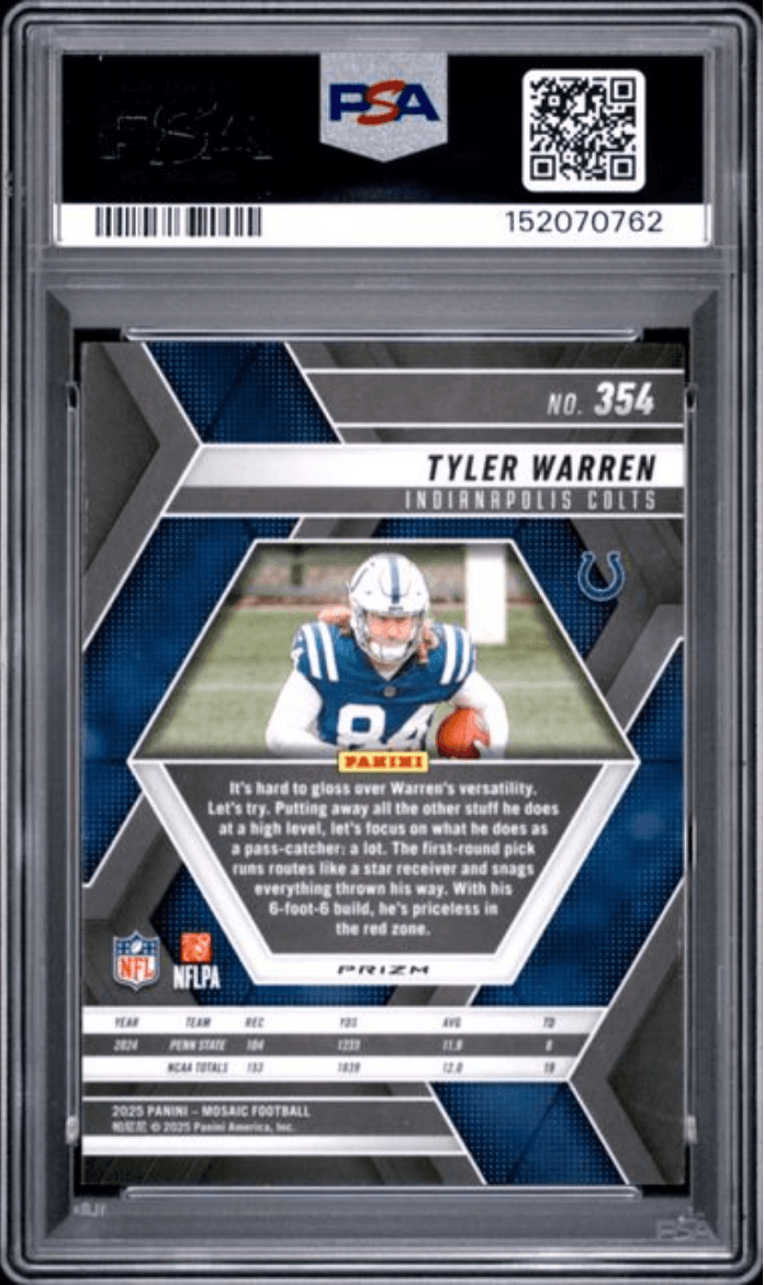 Graded 2025 Panini Mosaic Tyler Warren #354 Green Rookie RC Football Card PSA 10 Gem Mint