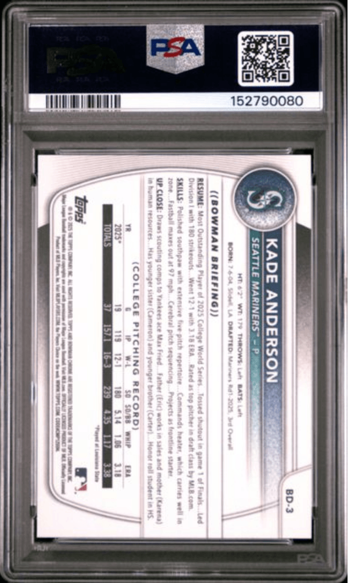 Graded 2025 Topps Bowman Draft Kade Anderson #BD3 Rookie RC Baseball Card PSA 9 Mint