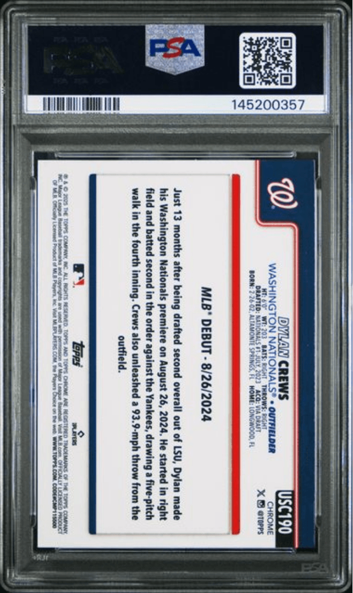 Graded 2025 Topps Chrome Update Dylan Crews #190 Raywave Rookie RC Baseball Card PSA 10 Gem Mint