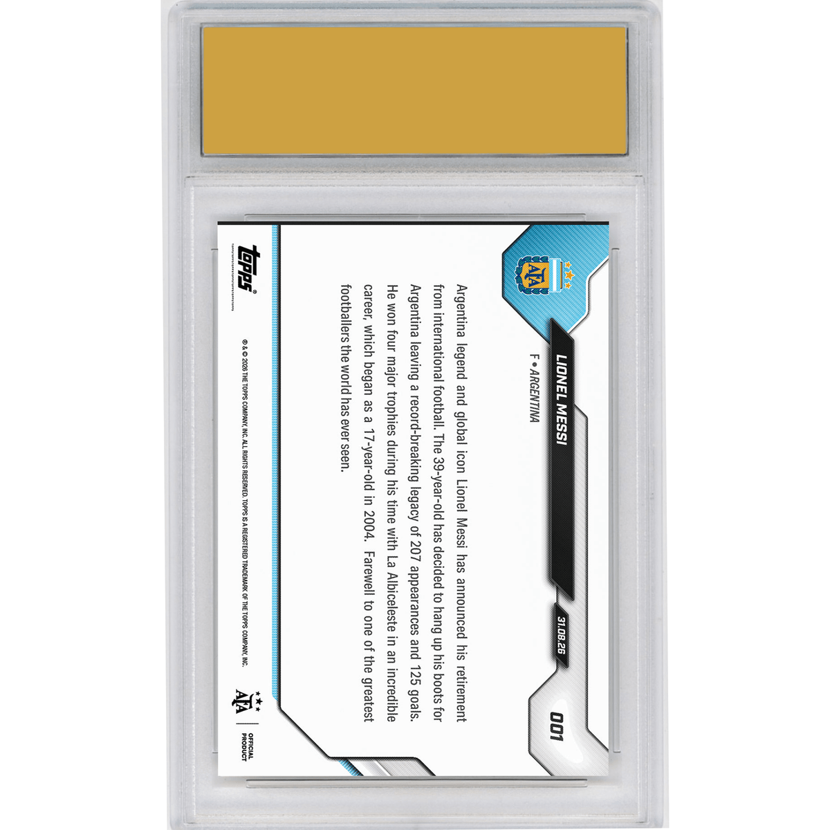 Graded 2026 Topps Now Lionel Messi #001 The End of An Era - Messi Retires From International Football Argentina Soccer Card HOFSM 10 Gem Mint