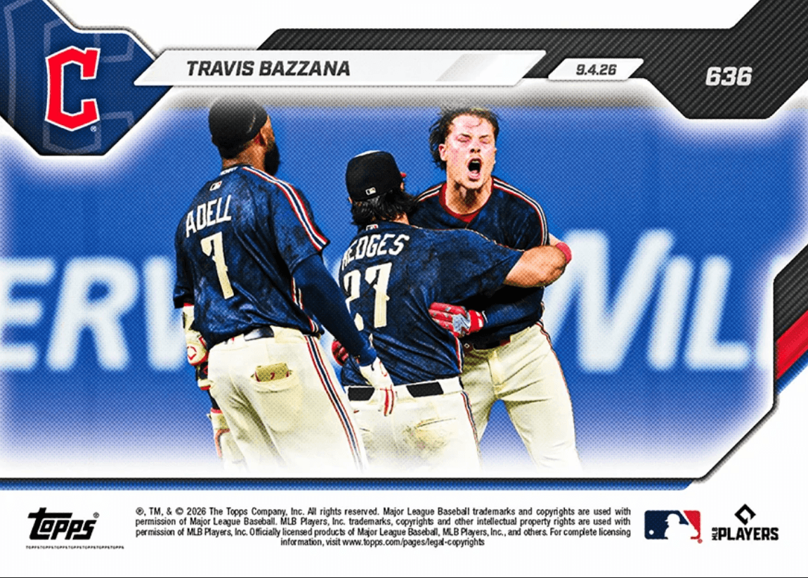 2026 Topps Now Travis Bazzana #636 Game Tying HR, Walk Off Hit Lead Guardians Win Cleveland Guardians Rookie RC Baseball Card