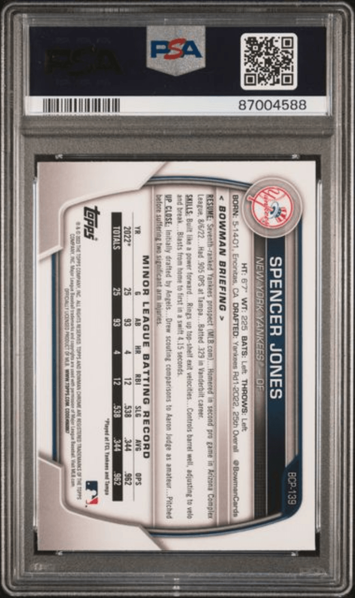 Graded 2023 Topps Bowman Chrome Mega Box Spencer Jones #139 Rookie RC Baseball Card PSA 10 Gem Mint