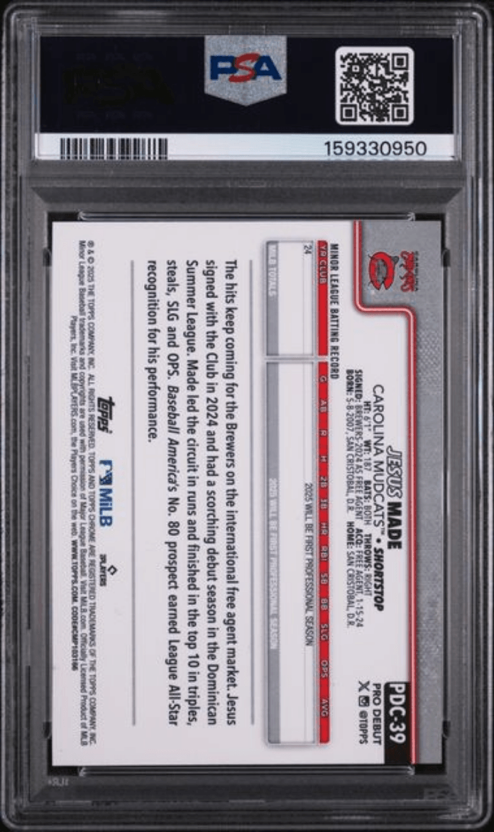Graded 2025 Topps Pro Debut Jesus Made #39 Chrome Rookie RC Baseball Card PSA 10 Gem Mint