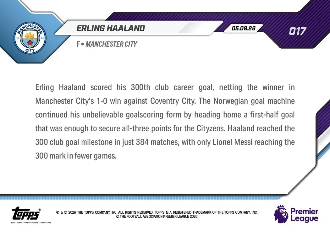2026 Topps Now Erling Haaland #17 300th Club Career Goal Manchester City Soccer Card