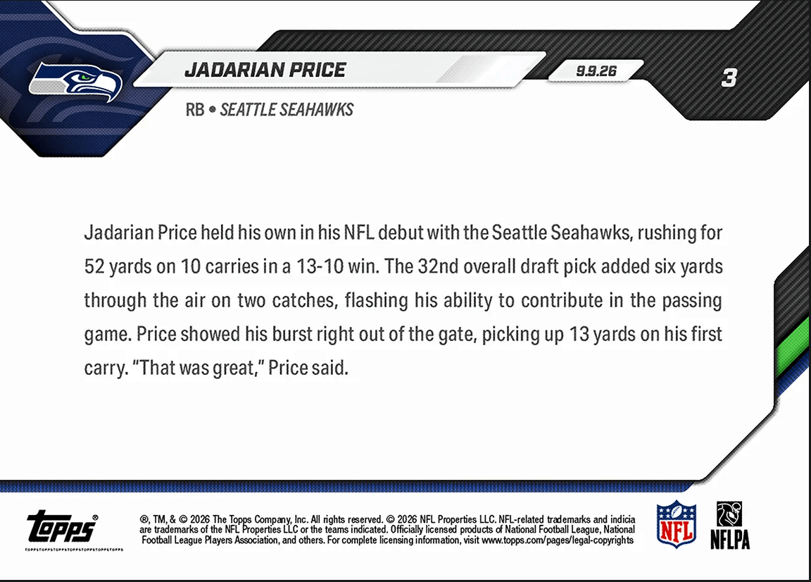 2026 Topps Now Jadarian Price #3 1st Round Pick Leads Rushing Attack in NFL Debut Seattle Seahawks Rookie RC Football Card